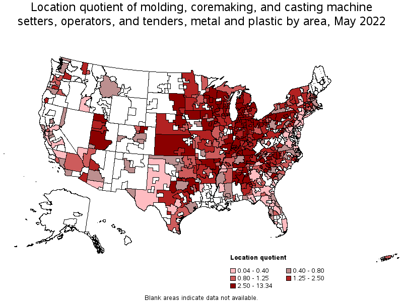 Map of location quotient of molding, coremaking, and casting machine setters, operators, and tenders, metal and plastic by area, May 2022