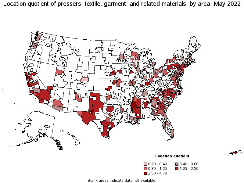 Map of location quotient of pressers, textile, garment, and related materials by area, May 2022
