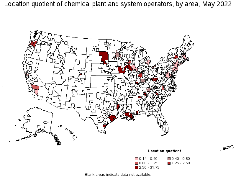 Map of location quotient of chemical plant and system operators by area, May 2022