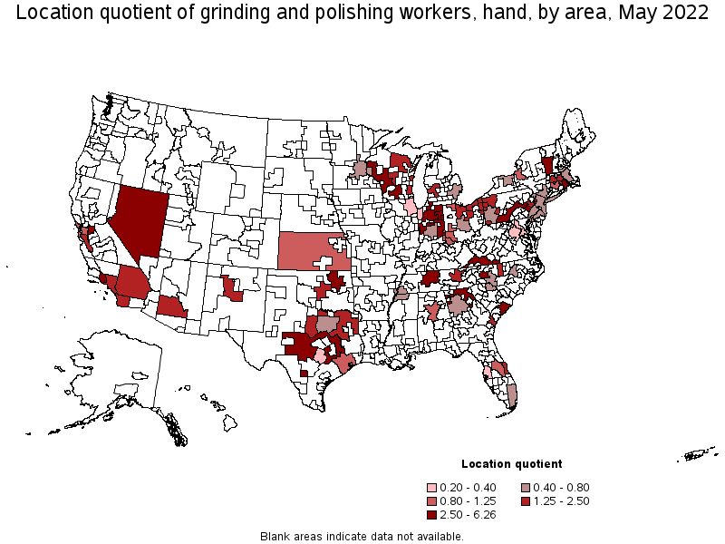 Map of location quotient of grinding and polishing workers, hand by area, May 2022