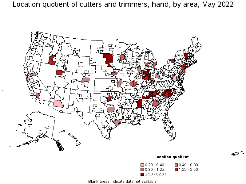 Map of location quotient of cutters and trimmers, hand by area, May 2022