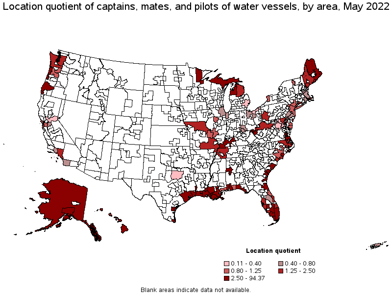 Map of location quotient of captains, mates, and pilots of water vessels by area, May 2022