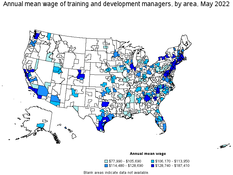 Map of annual mean wages of training and development managers by area, May 2022