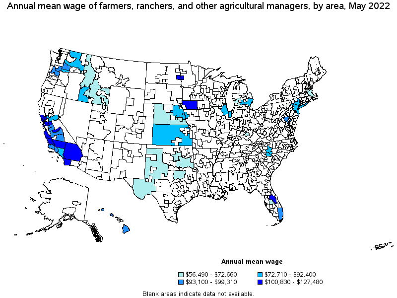 Map of annual mean wages of farmers, ranchers, and other agricultural managers by area, May 2022