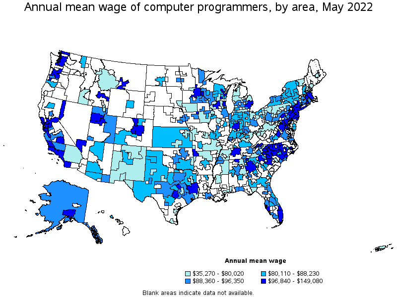 Map of annual mean wages of computer programmers by area, May 2022