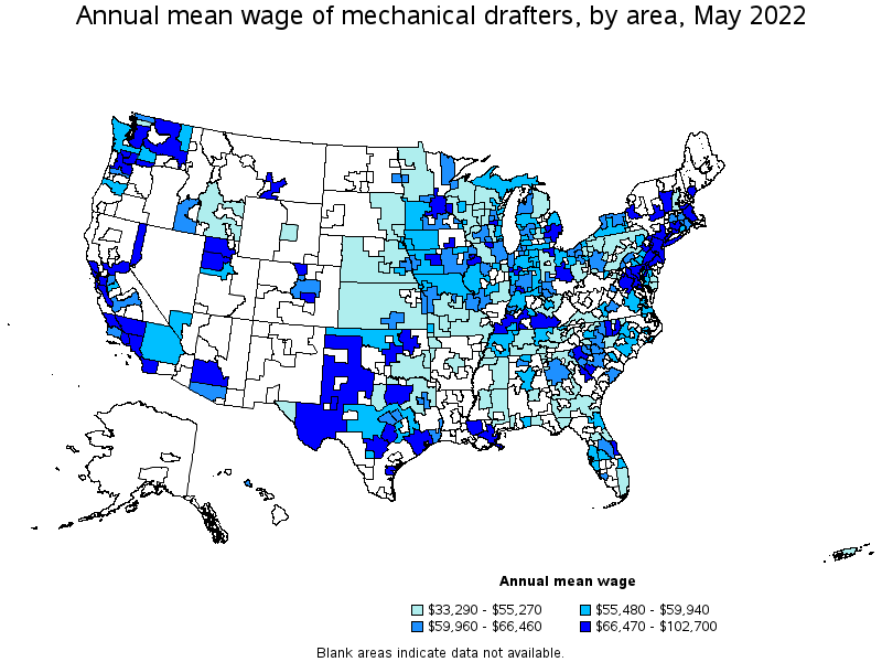 Map of annual mean wages of mechanical drafters by area, May 2022