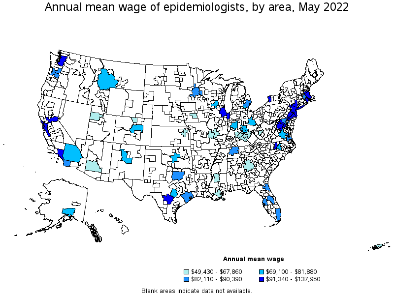 Map of annual mean wages of epidemiologists by area, May 2022