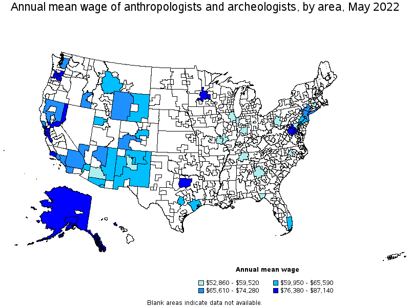Map of annual mean wages of anthropologists and archeologists by area, May 2022