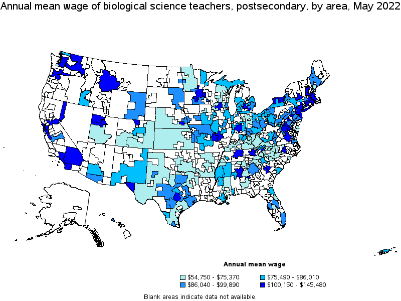 Map of annual mean wages of biological science teachers, postsecondary by area, May 2022