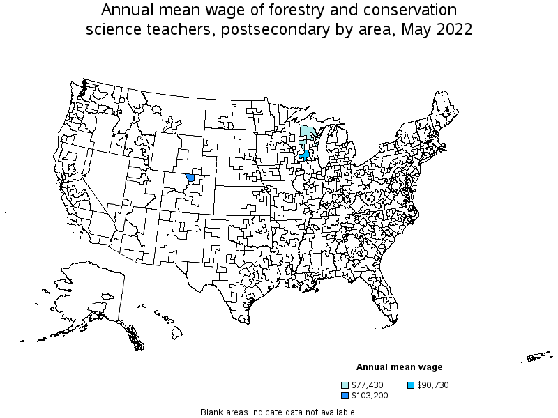 Map of annual mean wages of forestry and conservation science teachers, postsecondary by area, May 2022