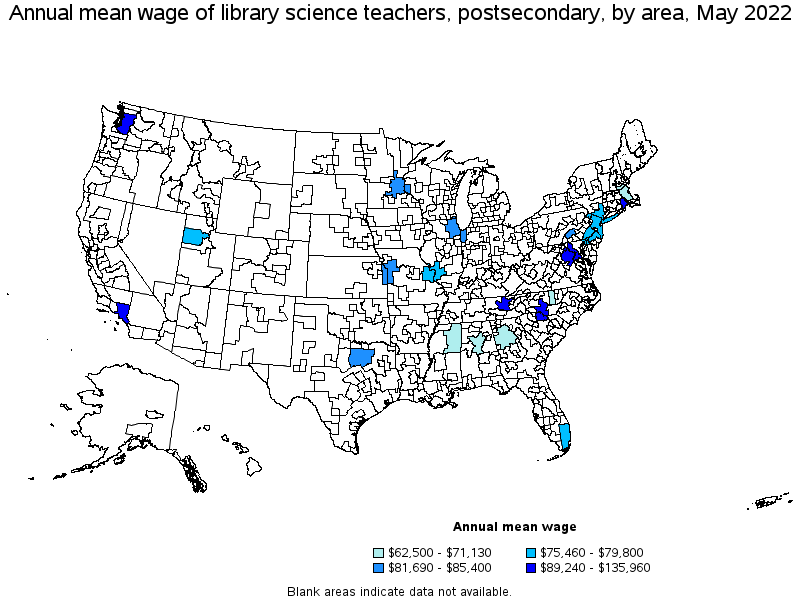 Map of annual mean wages of library science teachers, postsecondary by area, May 2022
