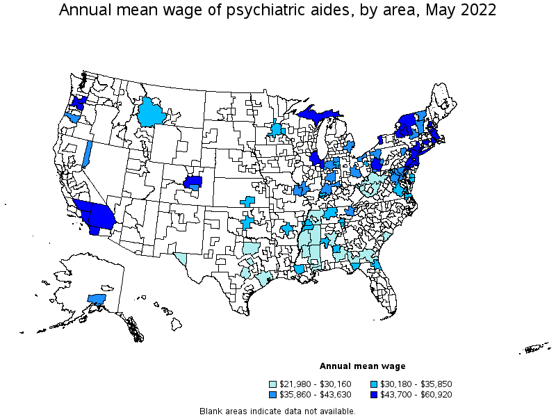 Map of annual mean wages of psychiatric aides by area, May 2022