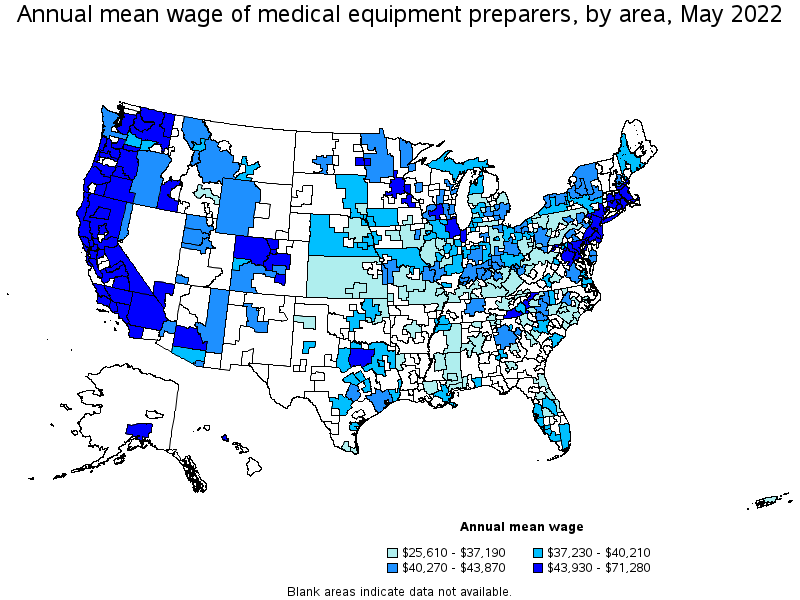 Map of annual mean wages of medical equipment preparers by area, May 2022