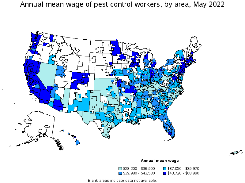 Map of annual mean wages of pest control workers by area, May 2022