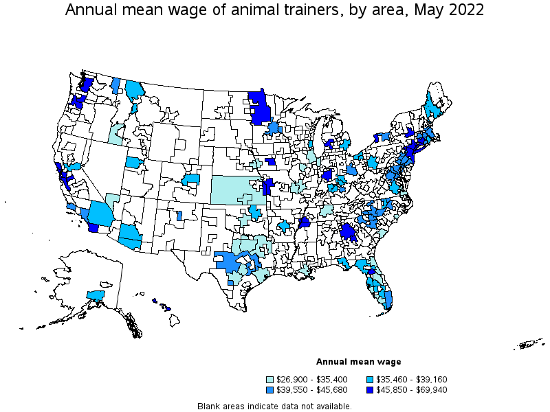 Map of annual mean wages of animal trainers by area, May 2022