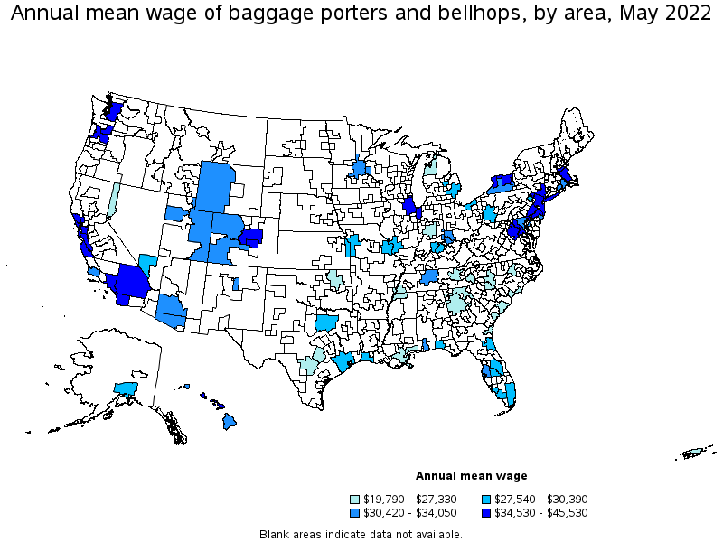 Map of annual mean wages of baggage porters and bellhops by area, May 2022
