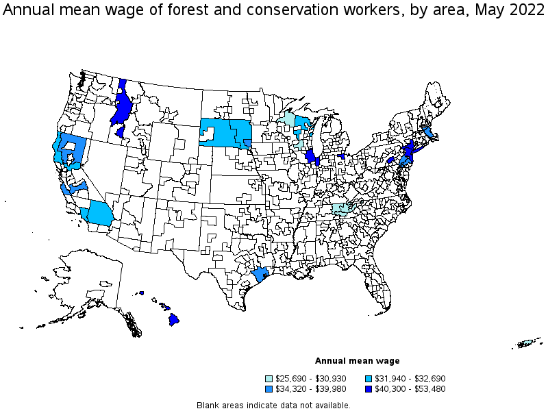 Map of annual mean wages of forest and conservation workers by area, May 2022