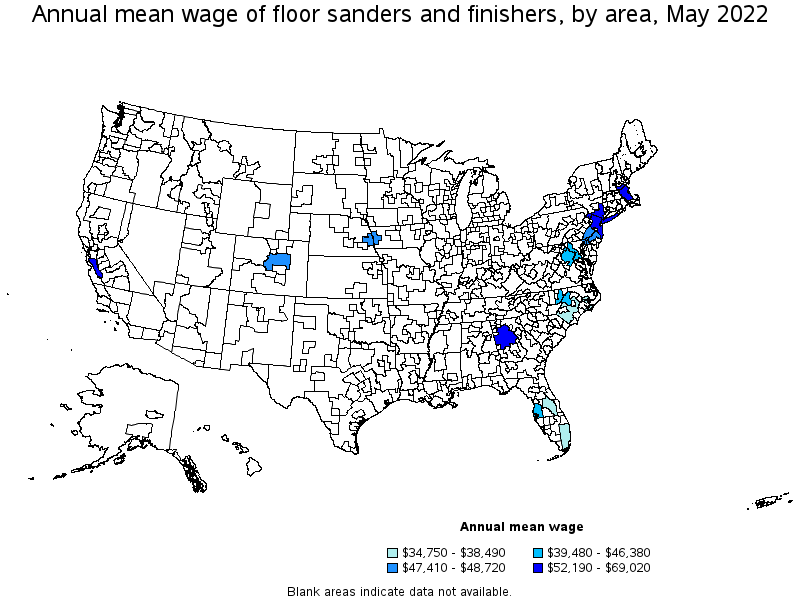 Map of annual mean wages of floor sanders and finishers by area, May 2022