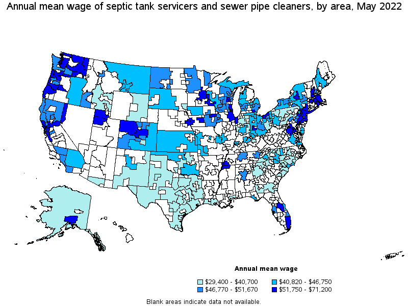 Map of annual mean wages of septic tank servicers and sewer pipe cleaners by area, May 2022