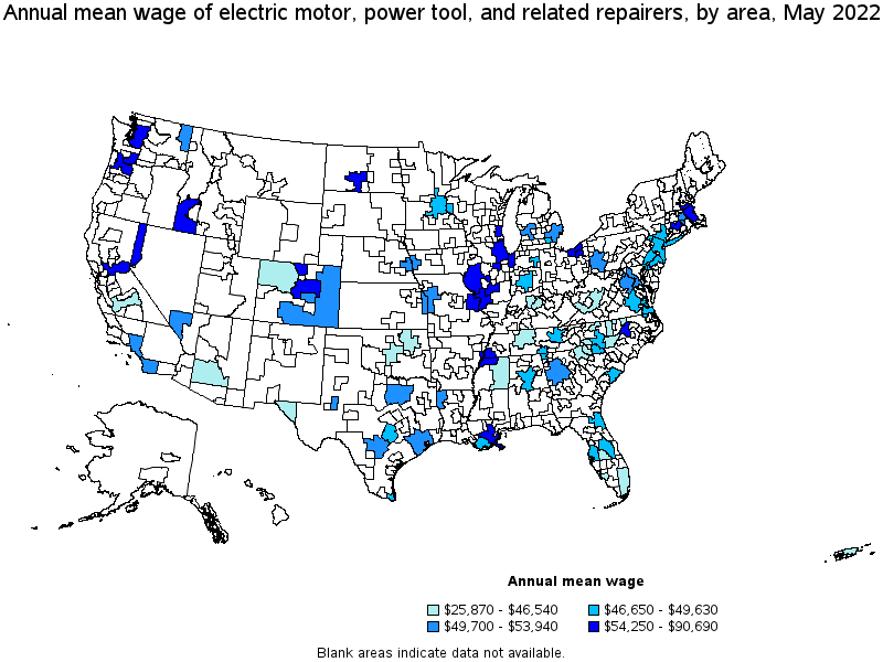 Map of annual mean wages of electric motor, power tool, and related repairers by area, May 2022
