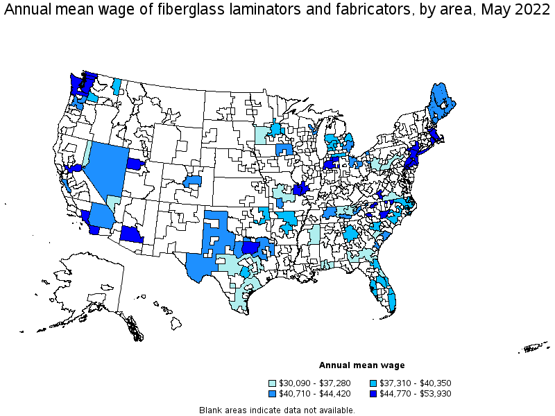Map of annual mean wages of fiberglass laminators and fabricators by area, May 2022