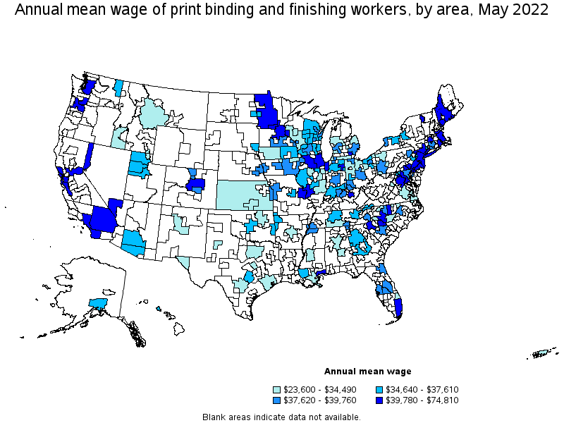 Map of annual mean wages of print binding and finishing workers by area, May 2022