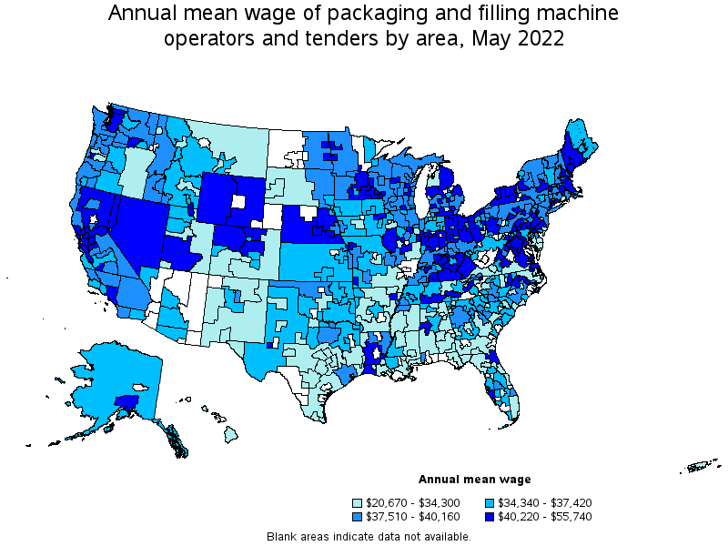 Map of annual mean wages of packaging and filling machine operators and tenders by area, May 2022