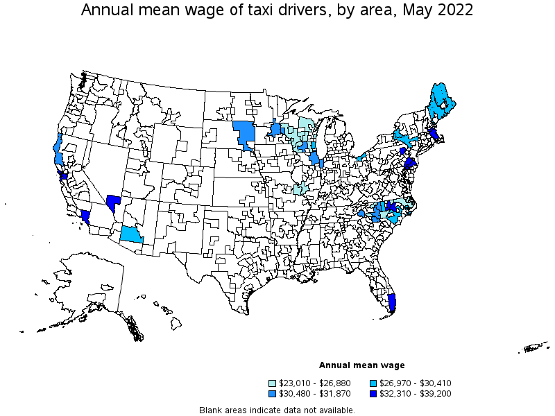 Map of annual mean wages of taxi drivers by area, May 2022