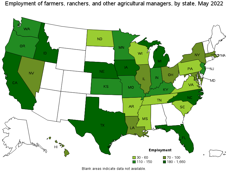 Map of employment of farmers, ranchers, and other agricultural managers by state, May 2022