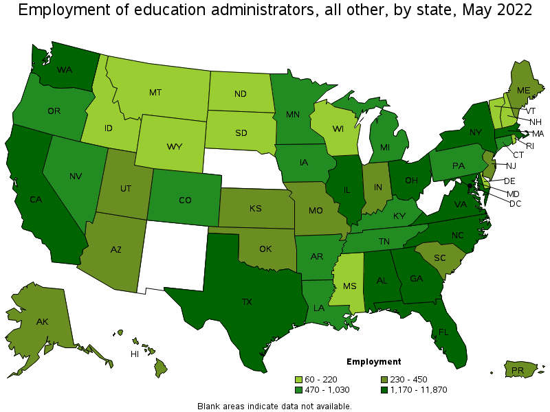 Map of employment of education administrators, all other by state, May 2022