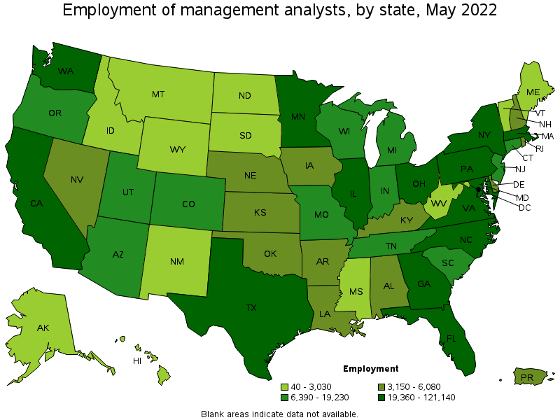 Map of employment of management analysts by state, May 2022