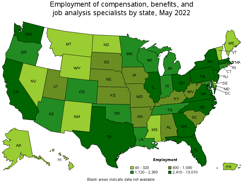 Map of employment of compensation, benefits, and job analysis specialists by state, May 2022