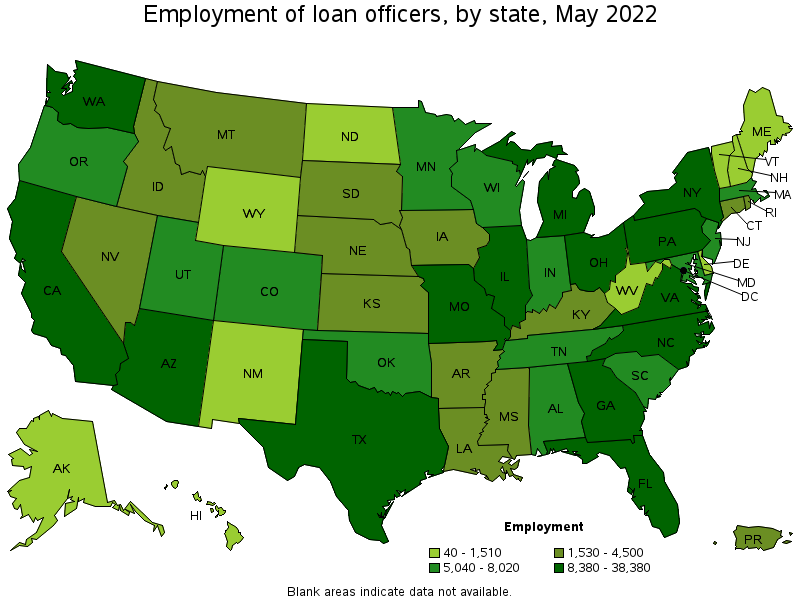 Map of employment of loan officers by state, May 2022