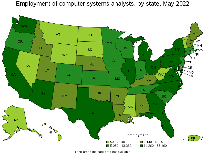 Map of employment of computer systems analysts by state, May 2022