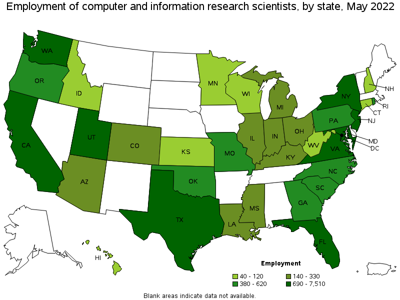 Map of employment of computer and information research scientists by state, May 2022