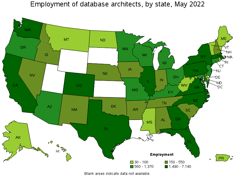 Map of employment of database architects by state, May 2022