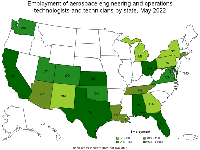 Map of employment of aerospace engineering and operations technologists and technicians by state, May 2022