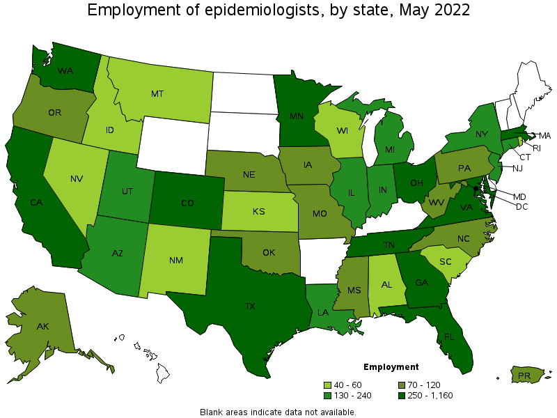 Map of employment of epidemiologists by state, May 2022