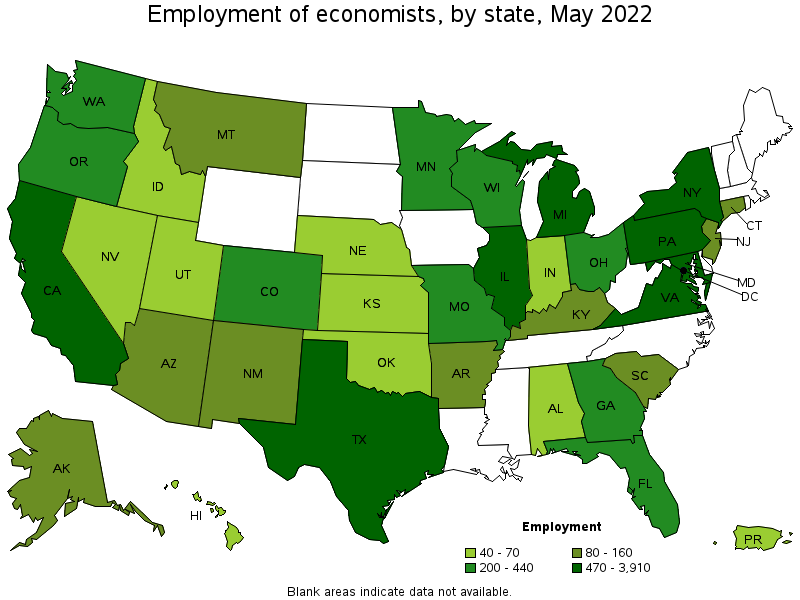 Map of employment of economists by state, May 2022