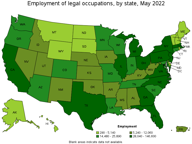 Map of employment of legal occupations by state, May 2022