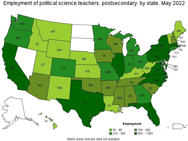 Map of employment of political science teachers, postsecondary by state, May 2022