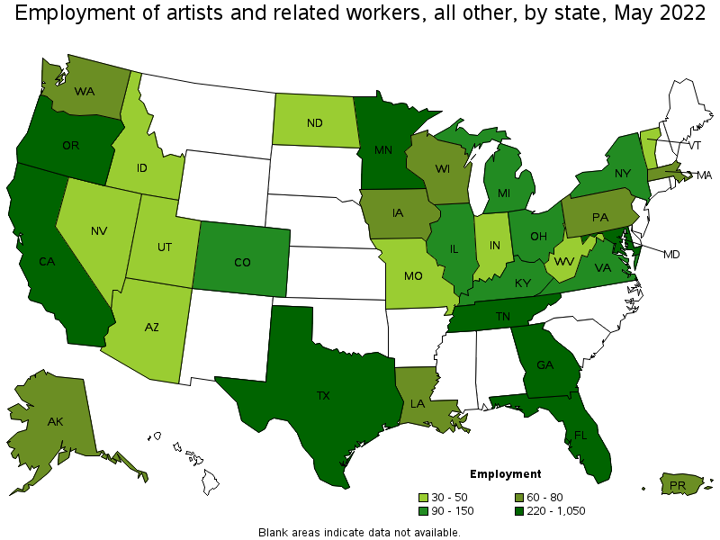 Map of employment of artists and related workers, all other by state, May 2022