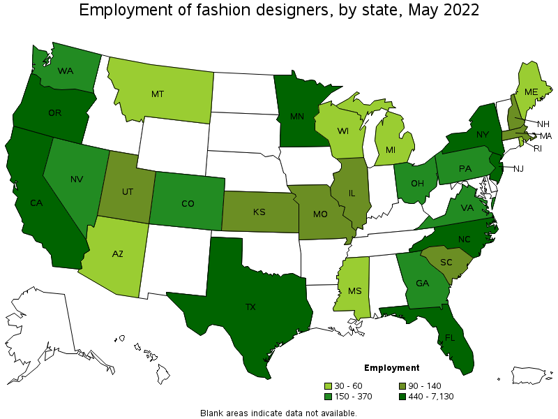 Map of employment of fashion designers by state, May 2022