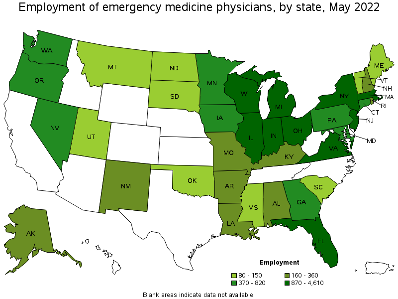 Map of employment of emergency medicine physicians by state, May 2022