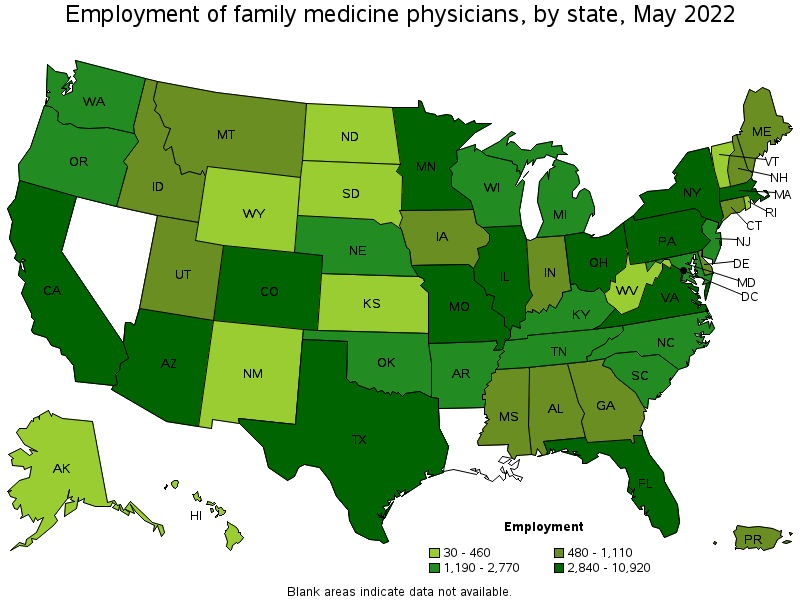 Map of employment of family medicine physicians by state, May 2022