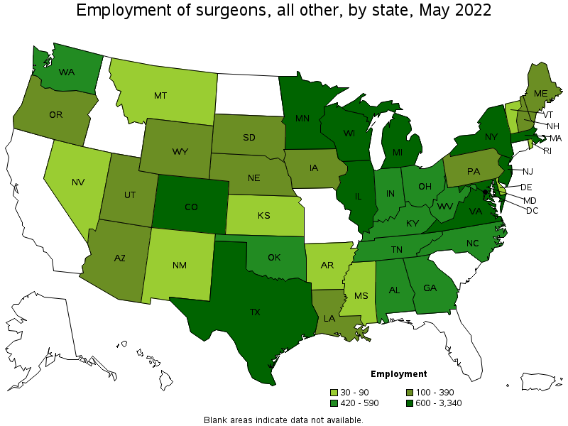 Map of employment of surgeons, all other by state, May 2022