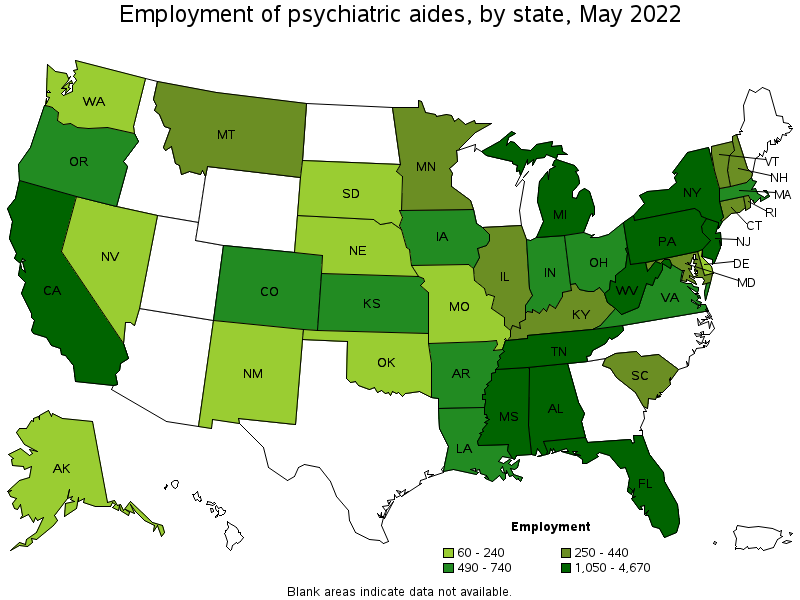 Map of employment of psychiatric aides by state, May 2022
