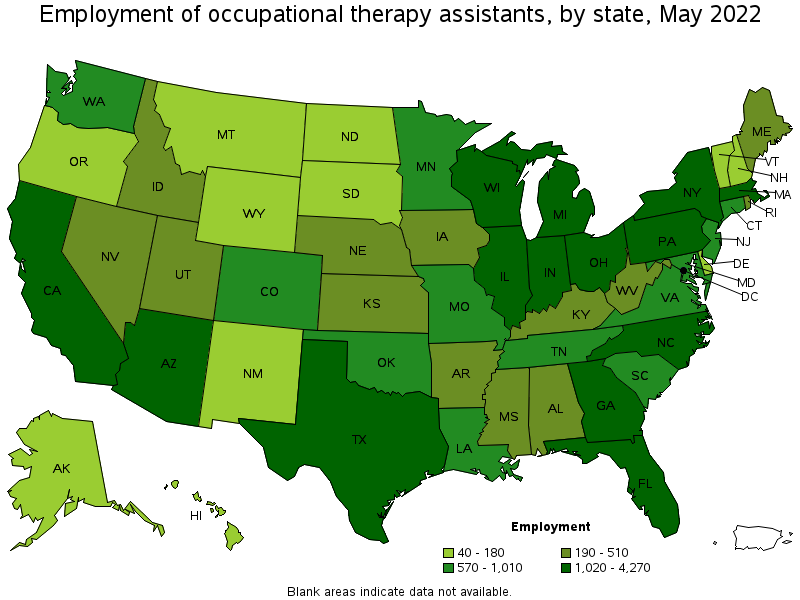 Map of employment of occupational therapy assistants by state, May 2022