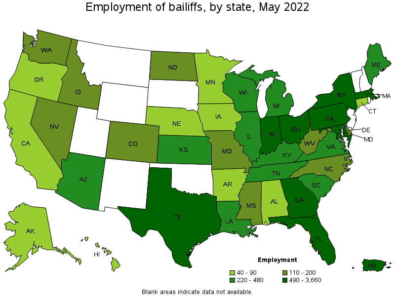 Map of employment of bailiffs by state, May 2022