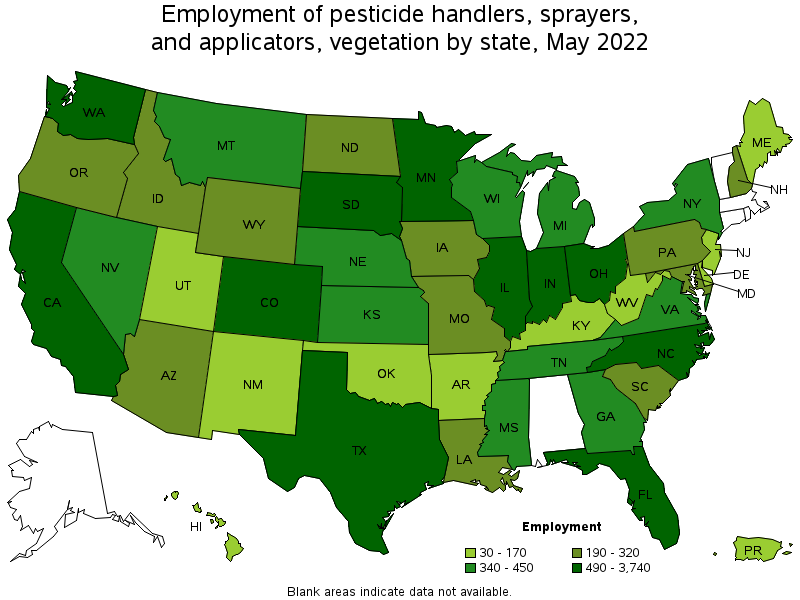 Map of employment of pesticide handlers, sprayers, and applicators, vegetation by state, May 2022